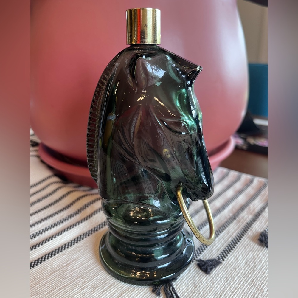 Vintage Avon 1960s Glass Horse Head Cologne Bottle with Gold Ring - Dark Green